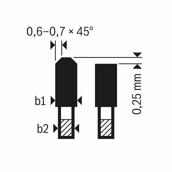 Diagramm mit zwei vertikalen parallelen Rechtecken mit abgeschrägten Oberseiten, definiert als 0,6-0,7 x 45°. Der Abstand zwischen ihnen beträgt 0,25 mm.