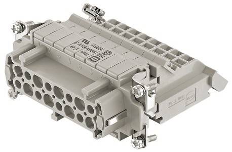 Ein rechteckiger industrieller Steckverbinder mit Metallklemmen und mehreren kreisförmigen Anschlüssen für Verbindungen, hergestellt aus grauen Kunststoff- und Metallkomponenten.
