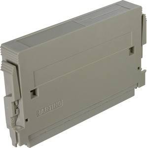 Eine graue HARTING-Elektronikkomponente mit rechteckiger Form, ausgestattet mit einem Deckel und sichtbaren Öffnungen für Anschlüsse an einer Seite.