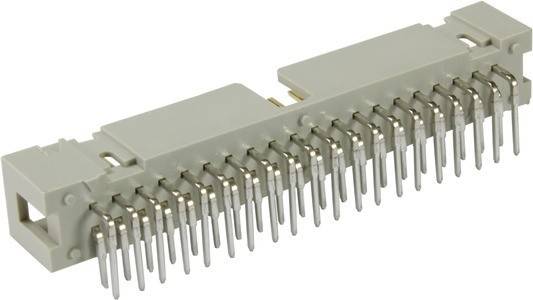 Ein Nahaufnahme-Bild einer Reihe metallischer Stiftanschlüsse auf einer weißen elektronischen Komponente, was einen detaillierten technischen oder Fertigungskontext andeutet.