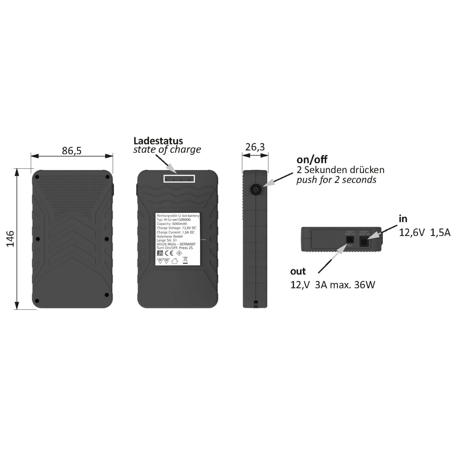 Rechteckiges schwarzes Gerät mit Abmessungen: 146 x 86,5 x 26,3 mm. „Ladestatus