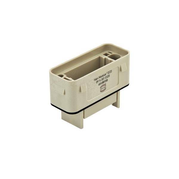 Eine beige Elektrische Komponente mit Schlitzen und Schaltkreisen, beschriftet mit 'Hera Modul 1 ECO'. Verwendet in elektronischen Baugruppen für Konnektivität.