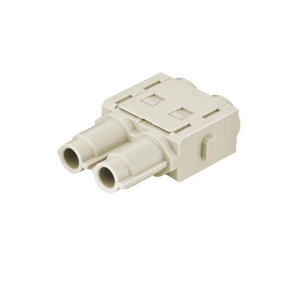 Ein beige Kunststoff-Doppelport-Glasfaseranschluss mit zwei Anschlüssen für Kabel, der für Netzwerkverbindungen verwendet wird.