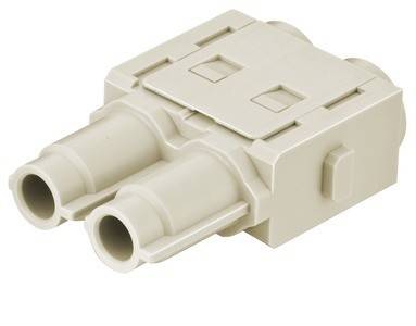 Ein beiger Kunststoff-Doppelrohr-Verbinder zum Anschluss von Glasfaserkabeln, der zwei kreisrunde Öffnungen und ein rechteckiges Gehäuse aufweist.