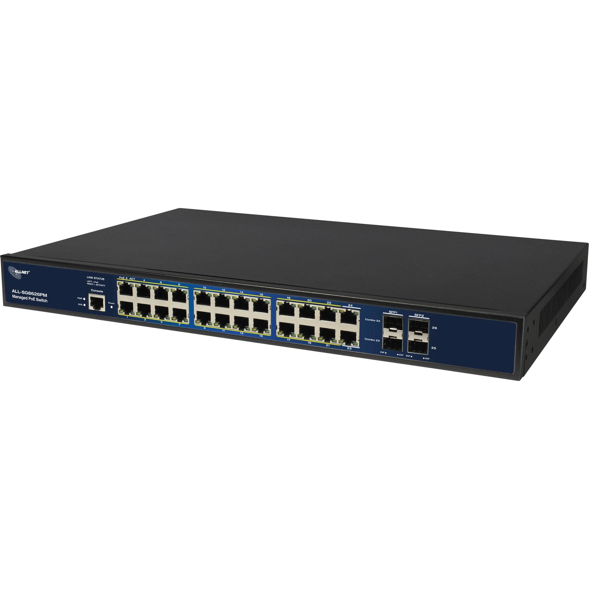 ALLNET Switch full managed 24 Port Gigabit 390W 24x PoE+ 4x SFP Lüfterlos 19"" -