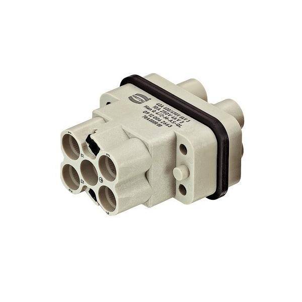 Ein beiger Mehrpolstecker mit fünf kreisförmigen Buchsen, versehen mit Spezifikationsbezeichnungen, zum Anschluss von Energie- oder Datenkabeln.