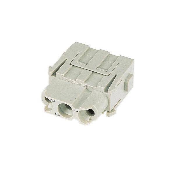 Ein beiger elektrischer Anschluss mit zwei Löchern zur Drahteinführung, mit den Nummern 1 und 2 beschriftet, entwickelt für sichere und isolierte Verbindungen.