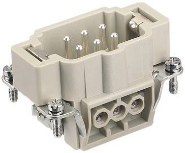 Ein beiger elektrischer Steckverbinder mit mehreren Pins und Schrauben zum Befestigen von Drähten. Er ist für industrielle oder technische Anwendungen konzipiert.