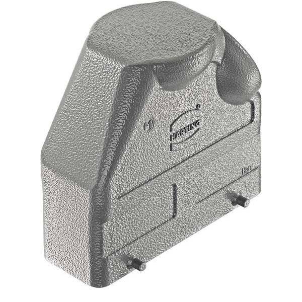 Ein grauer elektrischer Verbindergehäuse mit einer strukturierten Oberfläche, auf dem die Marke 'HARTING' geprägt ist, entwickelt für industrielle Anwendungen.