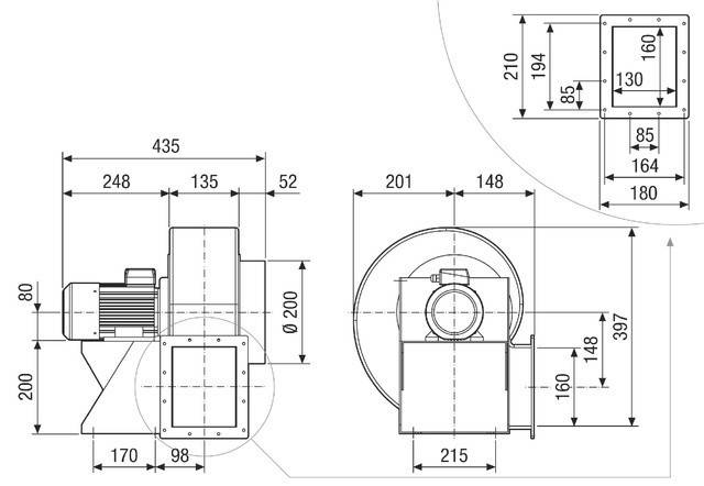 Technische Zeichnung eines Ventilators mit Maßangaben in Millimetern, Seiten- und Frontansicht. Wichtige Abmessungen umfassen Durchmesser und Längen.