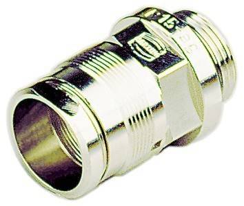 Ein Nahaufnahme-Bild eines metallischen Koaxialkabel-Anschlusses, der seine Gewindeanschlüsse und glänzende Außenfläche zeigt, der für Kabelverbindungen verwendet wird.