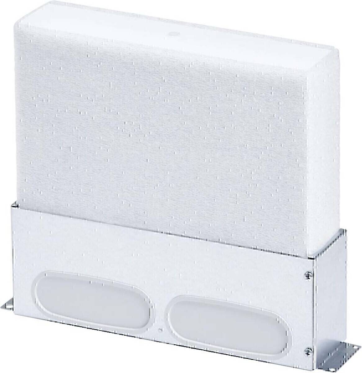 Weißer Taschentuchspender, bestückt mit Gesichtstüchern, mit rechteckigem Design und wandmontierbarer Basis mit zwei ovalen Öffnungen.