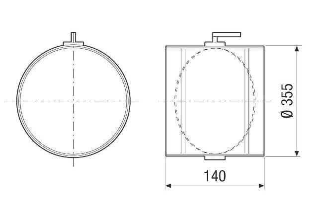 Technische Zeichnung mit Darstellung der Draufsicht und Seitenansicht eines runden Tanks mit einer Breite von 140 mm. Markierungen für Ein- und Ausgänge auf der Oberseite.
