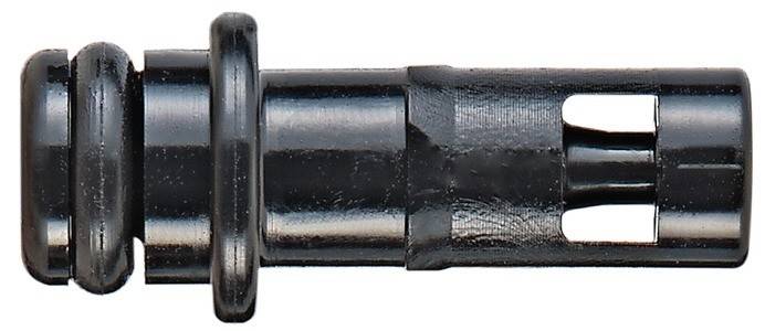 Ein Nahaufnahmebild einer schwarzen Metallstange mit einem bolzenähnlichen Kopf auf der linken Seite, das deren glatte, glänzende Oberfläche und robuste Erscheinung zeigt.