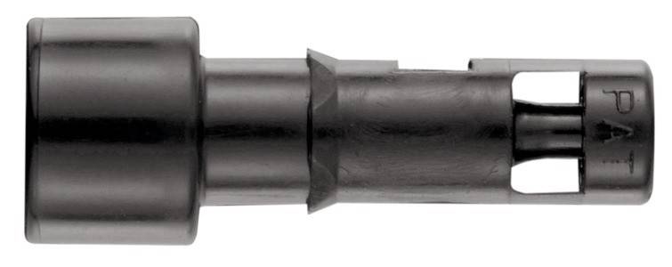 Eine Nahaufnahme einer schwarzen Metallrohrverschraubung mit einer glatten zylindrischen Oberfläche, die im Zentrum ein Verbindungsgelenk-Detail aufweist.