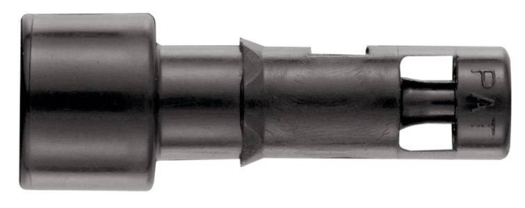 Ein schwarzes zylindrisches Objekt mit einem sich verjüngenden, gekerbt wirkenden Mittelabschnitt, möglicherweise Teil einer größeren mechanischen oder industriellen Komponente.