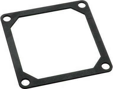 Eine schwarze, quadratische Dichtung mit abgerundeten Ecken und vier Befestigungslöchern, die zum Abdichten von mechanischen Komponenten verwendet wird.