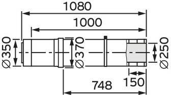 Technische Zeichnung einer mechanischen Komponente mit folgenden Abmessungen: Länge 1080 mm, Hauptabschnitt 1000 mm, Durchmesser 370 mm und Abschnitt 748 mm.