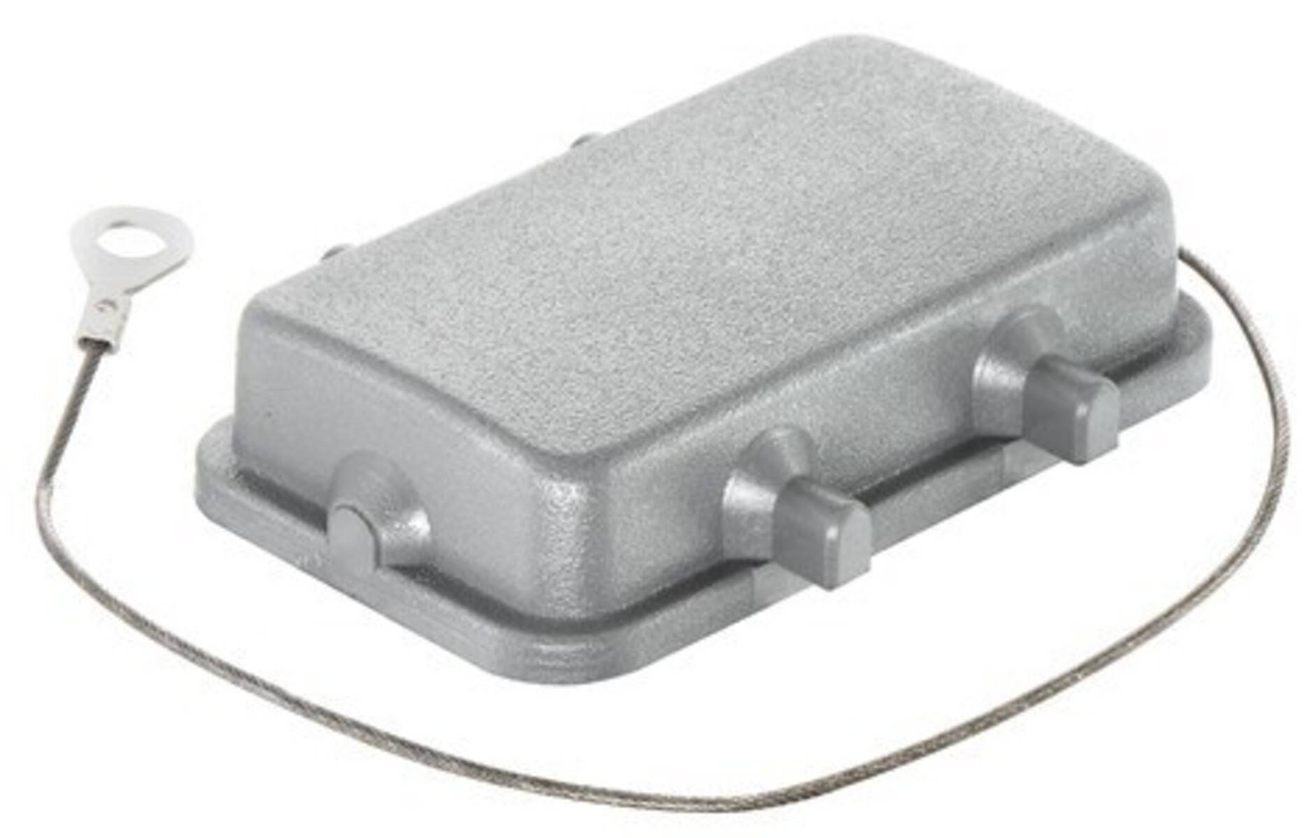 Eine silberne Metallgehäuse-Verbindungsbox in rechteckiger Form mit Kabeleintrittsöffnungen an den Seiten, die zur Unterbringung elektrischer Verbindungen verwendet wird.