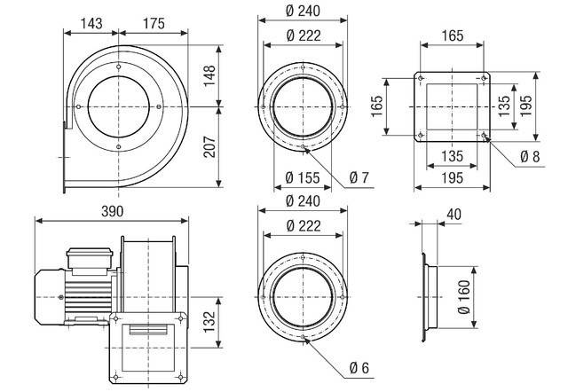 Technische Blaupause eines mechanischen Ventilators. Zeigt Dimensionen, Schematische Darstellungen und Messungen einschließlich Durchmesser, Höhe und Platzierungsdetails.