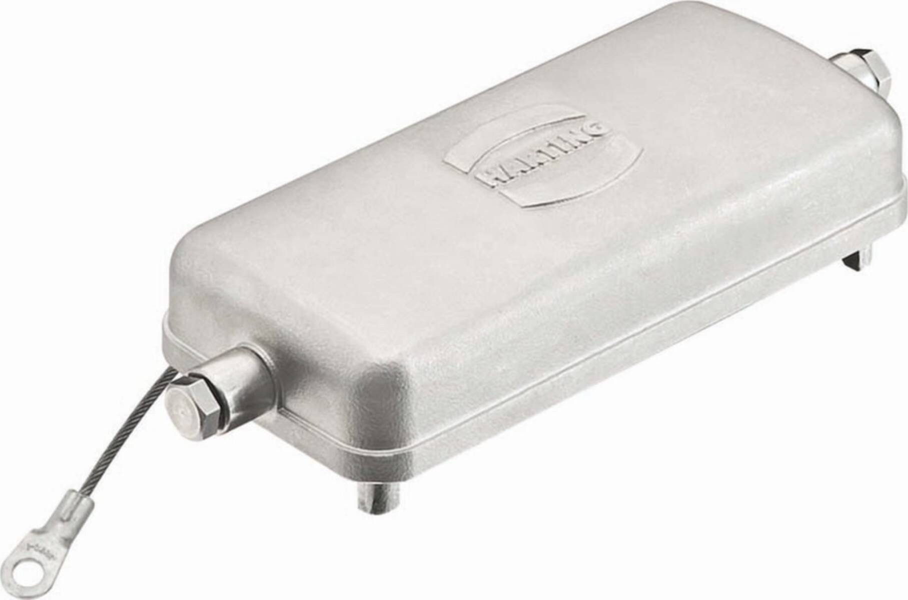 Eine rechteckige Metallkomponente für industrielle Zwecke mit einer Schraube an einer Seite und eingepresstem Markennamen auf der Oberseite.