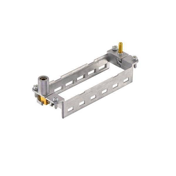 Metallbefestigungshalterung mit verschiedenen Befestigungspunkten und zwei zylindrischen Anschlüssen, verwendet zur Befestigung von elektronischen Bauteilen.