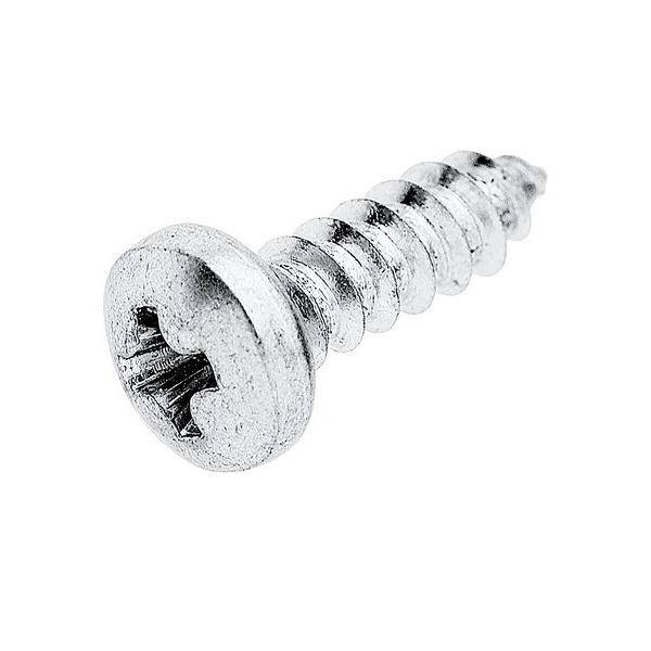 Eine silberfarbene Metallschraube mit einem flachen Kreuzschliff-Kopf und gewindeter Schraube wird vor einem weißen Hintergrund gezeigt.