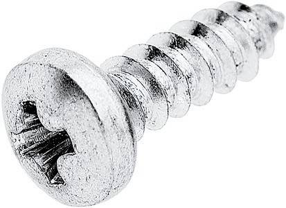 Eine silberne Metallschraube mit einem flachen Kopf und einer Kreuzschlitznut, die scharfe Gewindegänge zum Befestigen von Materialien aufweist.