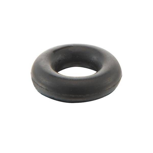 Ein schwarzer Gummi-O-Ring, der für Dichtungen in Sanitär- und mechanischen Anwendungen verwendet wird, vor einem weißen Hintergrund.