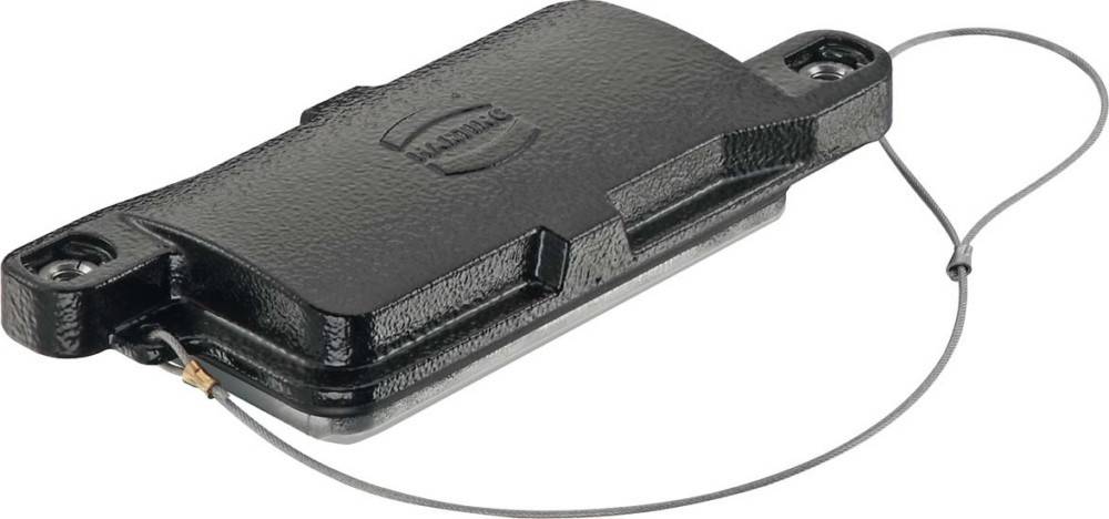 Ein schwarzes Vorhängeschloss mit einem Stahlbügel wird gezeigt, das ein Logo auf seinem Gehäuse trägt.