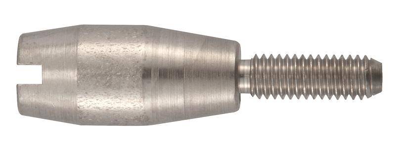 Eine Metallgewindeschraube mit einer konischen Spitze, wahrscheinlich verwendet zum Verbinden oder Befestigen von Komponenten in Maschinen oder im Baugewerbe.
