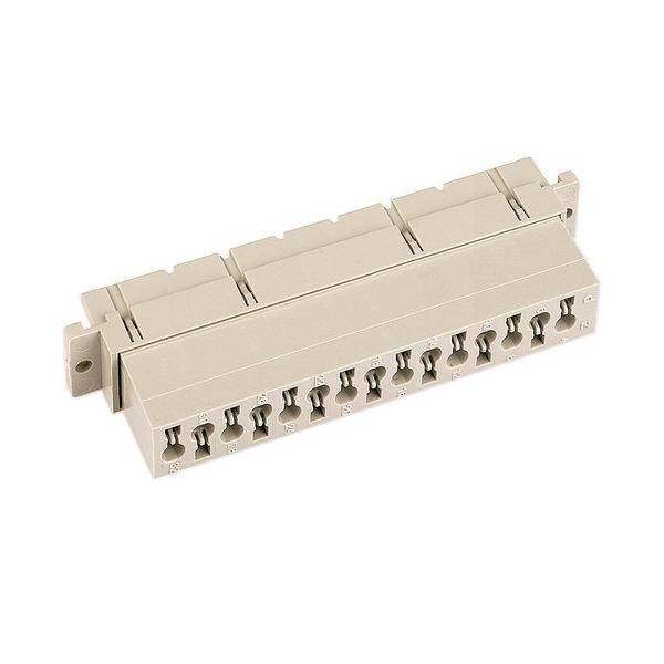 Ein beiger Netzwerk-Patchpanel mit mehreren Ethernet-Anschlüssen, die in zwei Reihen angeordnet sind und zur Verbindung und Verwaltung von Netzwerkkabeln verwendet werden.