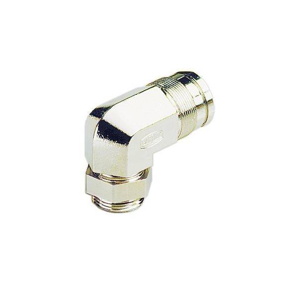 Ein vernickelte Messing-Kabelverschraubung im 90-Grad-Winkel, entwickelt zum Abdichten und Sichern von Kabeleinführungspunkten in elektrischen Geräten.