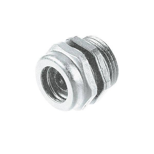 Eine Metallrohrverschraubung, sechseckig auf einer Seite mit Gewinde auf der anderen, die für Sanitär- oder mechanische Verbindungen verwendet wird.