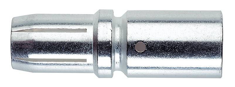 Eine Nahaufnahme eines metallischen Verbindungsstücks mit zylindrischer Form, das ein Loch und Rillen aufweist und typischerweise in elektronischen Geräten verwendet wird.