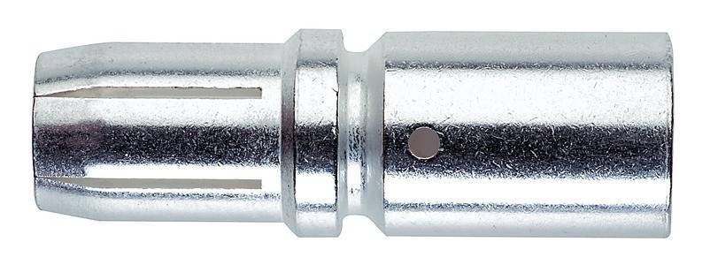 Eine Nahaufnahme eines metallischen Verbindungsstücks mit zylindrischer Form und Rillen, das für elektrische oder mechanische Verbindungen verwendet wird.