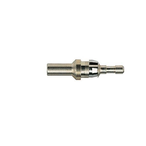Metallischer zylindrischer Stecker oder Adapter mit breiterem linkem Ende und konischem rechtem Ende, isoliert auf weißem Hintergrund dargestellt.