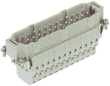 Ein rechteckiger Mehrpin-Elektroanschluss mit Kunststoffgehäuse, ausgestattet mit Metallstiften zur Daten- oder Stromübertragung.