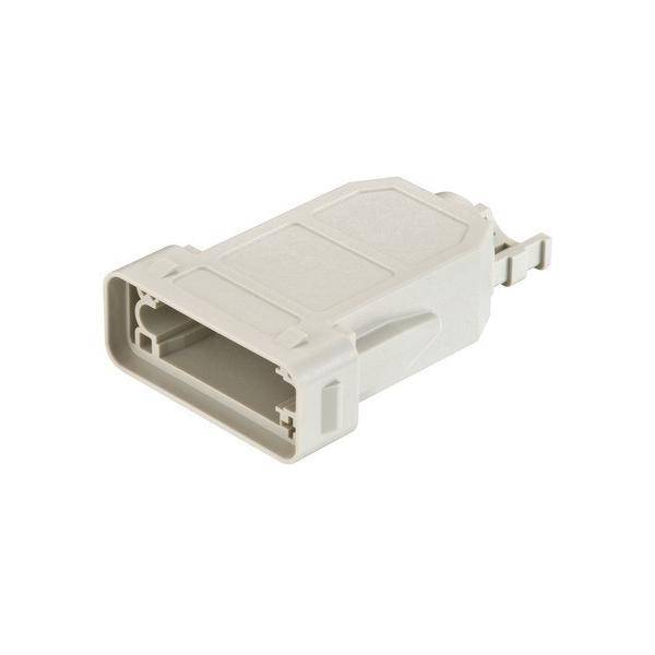 Ein weißes Kunststoff-Elektronikgehäuse mit rechteckiger Form verfügt über Schnappverriegelungslaschen an den Seiten für eine sichere Befestigung.