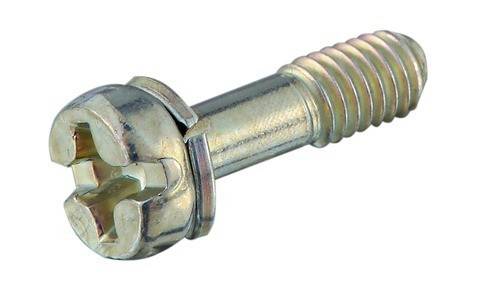 Nahaufnahme einer Metallschraube mit geschlitztem und Kreuzschliff-Kopf, die deren gewindeten Schaft und glänzende Oberfläche zeigt.