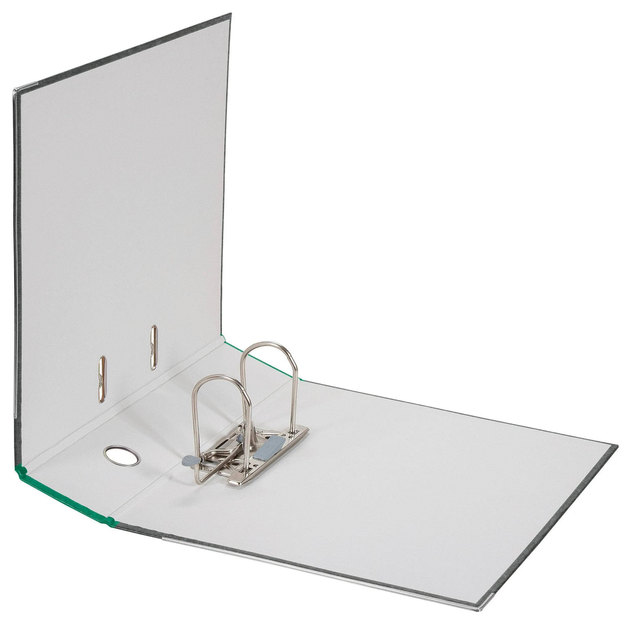 Ein weißer offener Ringordner, der stehend mit Metallringen und einem Loch auf seiner Innenseite gezeigt wird, geeignet zum Organisieren von Papieren oder Dokumenten.