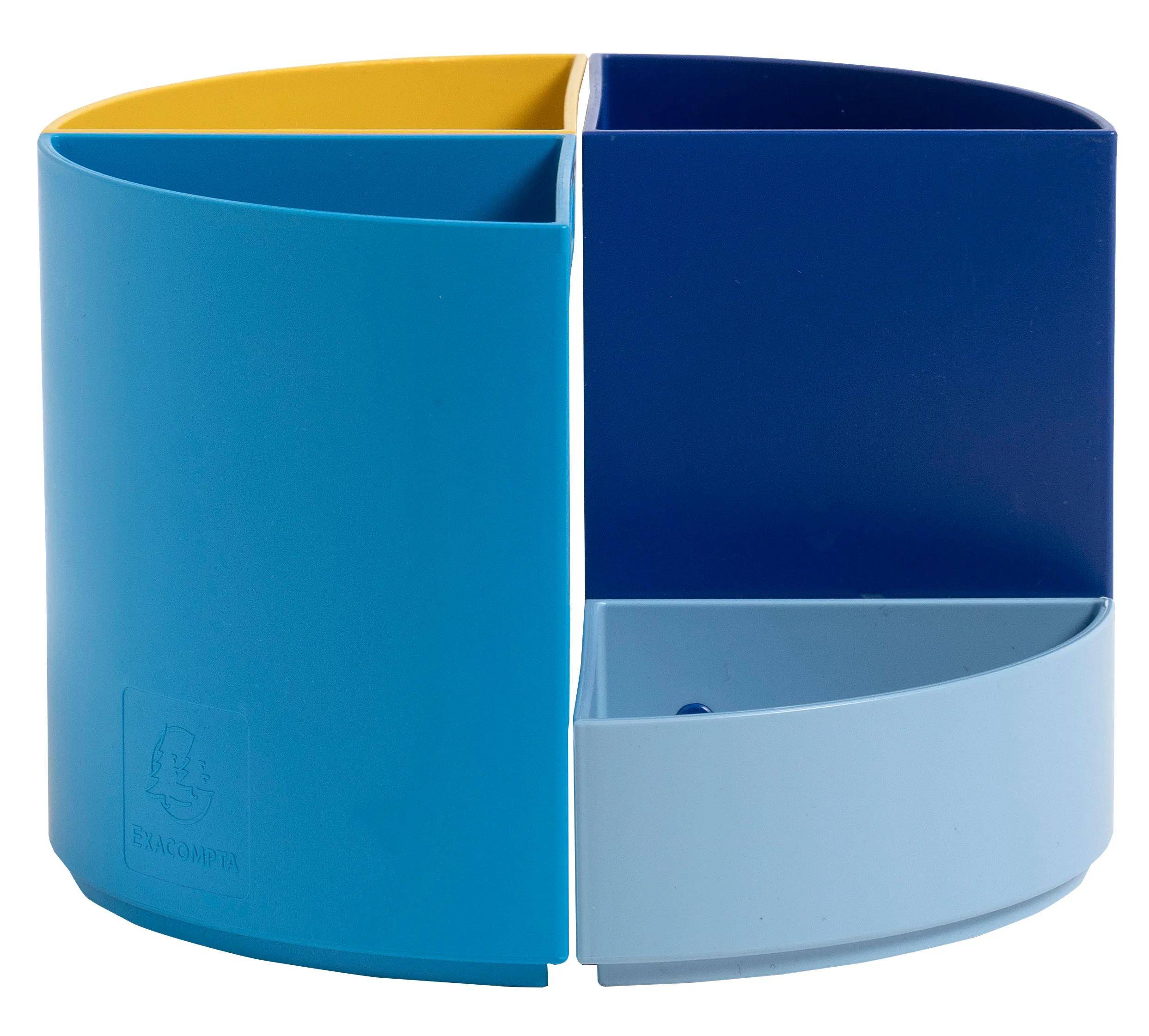 Ein blauer, runder, vierteiliger rotierender Organizer mit je einem Abschnitt in Dunkelblau, Hellblau und Gelb, geeignet für Schreibtischartikel.