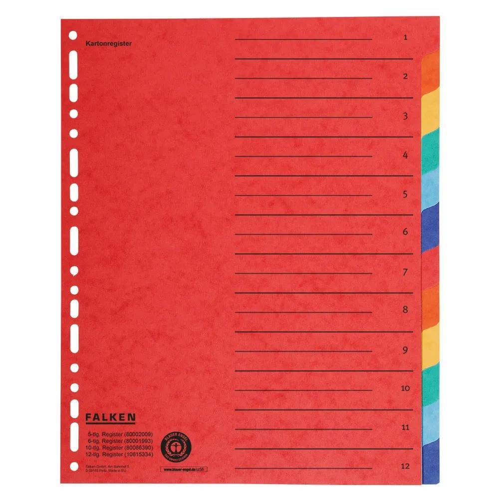 Registermappe mit nummerierten Reitern 1-12. Rotes Deckblatt mit liniertem Schreibbereich und farbigen Seitenlaschen für einfache Organisation.