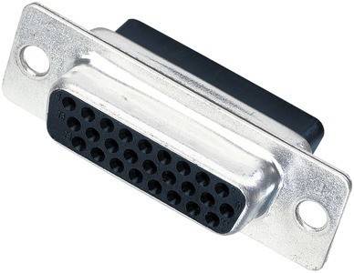 Ein 25-poliger weiblicher D-Sub-Steckverbinder, der üblicherweise für serielle oder parallele Ports in Computerhardware verwendet wird, mit einer metallischen Gehäuseverkleidung.