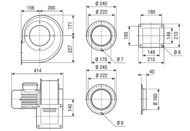 Technische Zeichnung zur Darstellung der Abmessungen einer mechanischen Komponente mit mehreren Ansichten: Draufsicht, Seitenansicht und Frontansicht. Maßangaben in Millimetern.