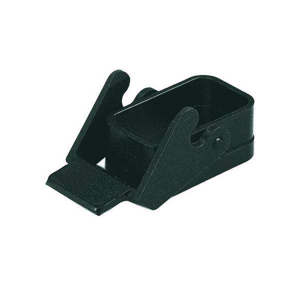 Eine schwarze Buchklemme mit einem einfachen, rechteckigen Design, die zwei Zinken und eine flache Basis besitzt und zum Zusammenhalten von Seiten oder Papieren verwendet wird.