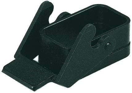 Ein schwarzer Plastikclip mit einem rechteckigen Fach, wahrscheinlich zum Halten oder Befestigen von Gegenständen.