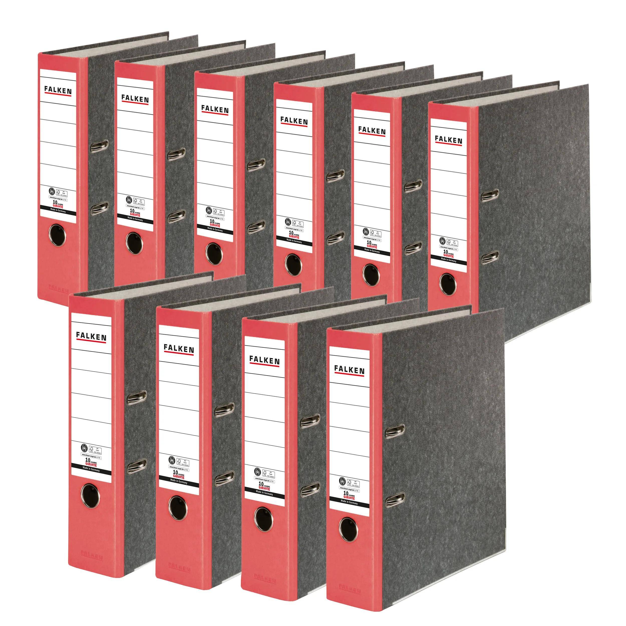 Zehn rote und graue Aktenordner sind in zwei versetzten Reihen angeordnet, jede zeigt ein Etikett auf dem Rücken zum Organisieren von Dokumenten.