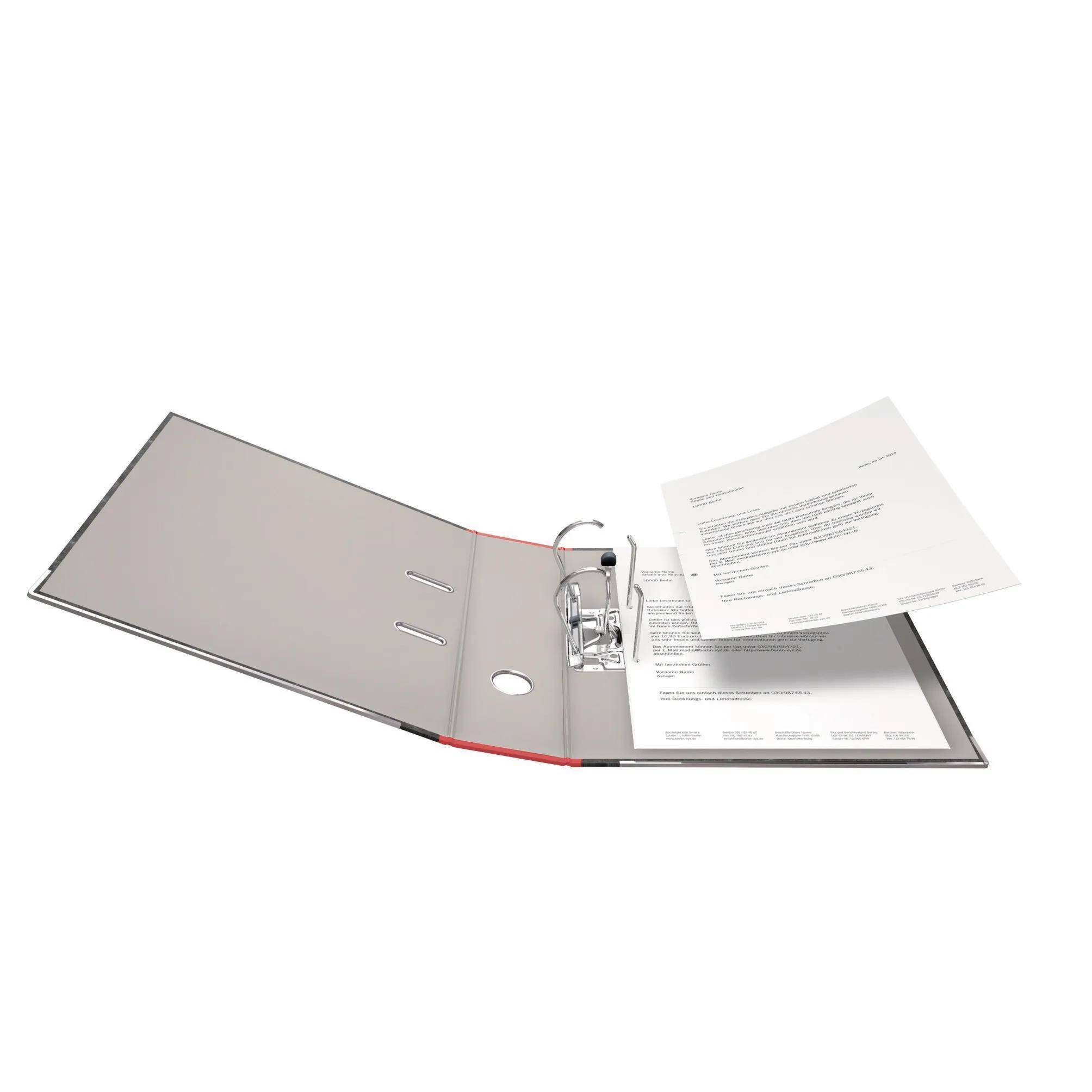 Eine offene schwarze Archivbox mit abnehmbarem Deckel, verwendet zur Aufbewahrung von Dokumenten oder Fotos, die robuste Konstruktion und einfaches Design zeigt.