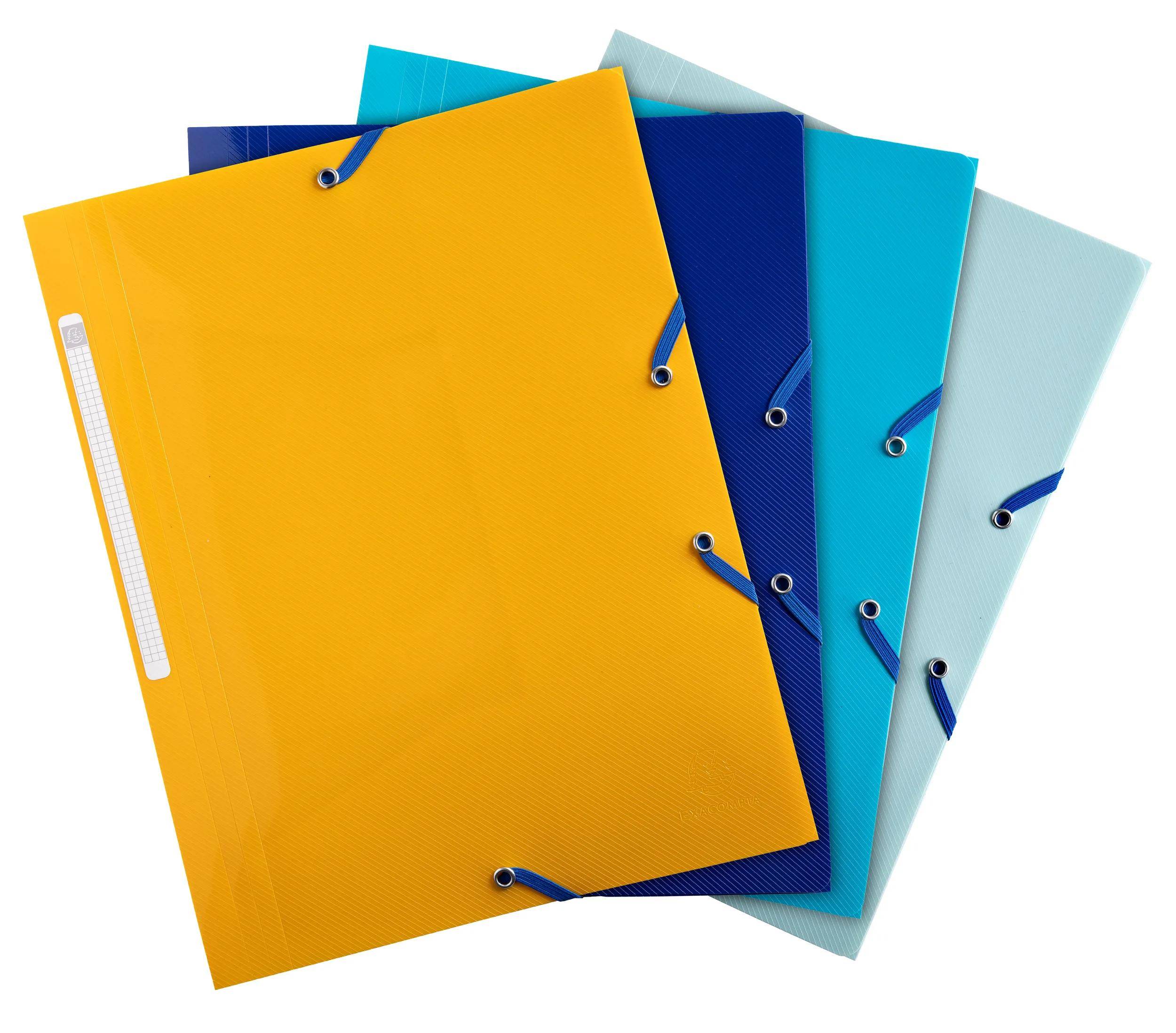 Vier farbenfrohe Eimer in den Farbtönen Hellblau, Dunkelblau, Türkis und Gelb, jeweils mit einem Griff, hintereinander gestapelt. Menge: 8x.